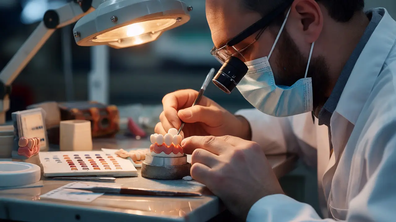 Zubní technik ručně vrství keramiku na zubní náhradu v laboratoři.